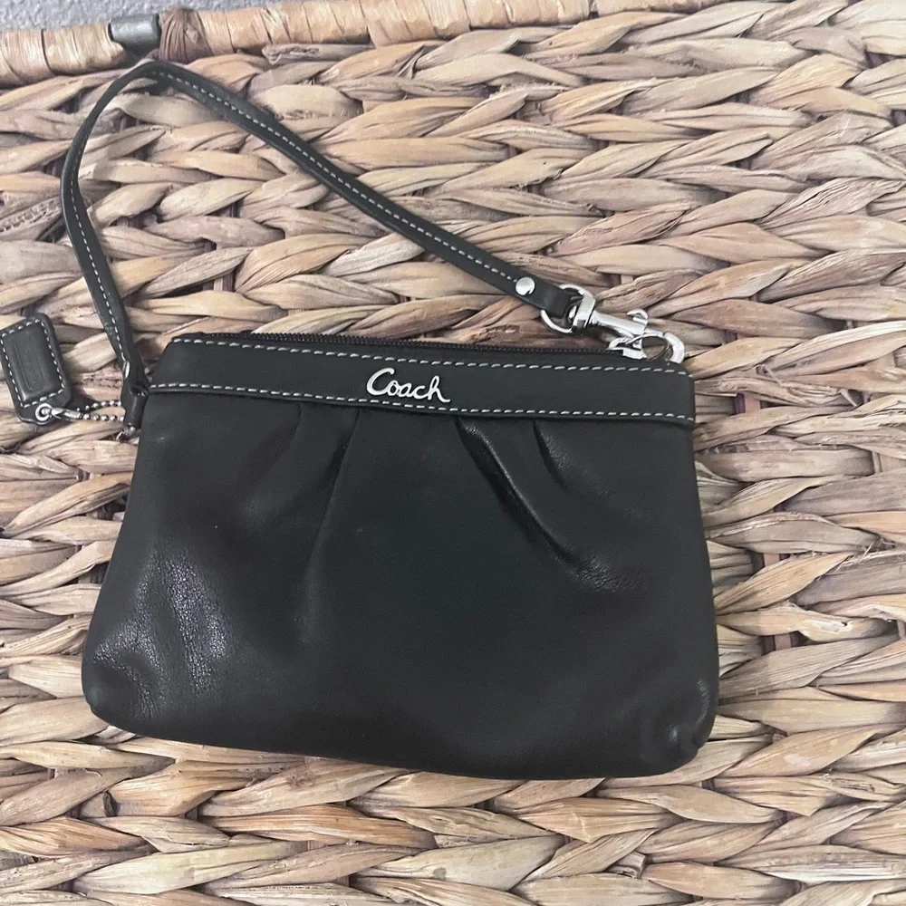 Authentic Coach Black Leather Wristlet with Silver Hardware